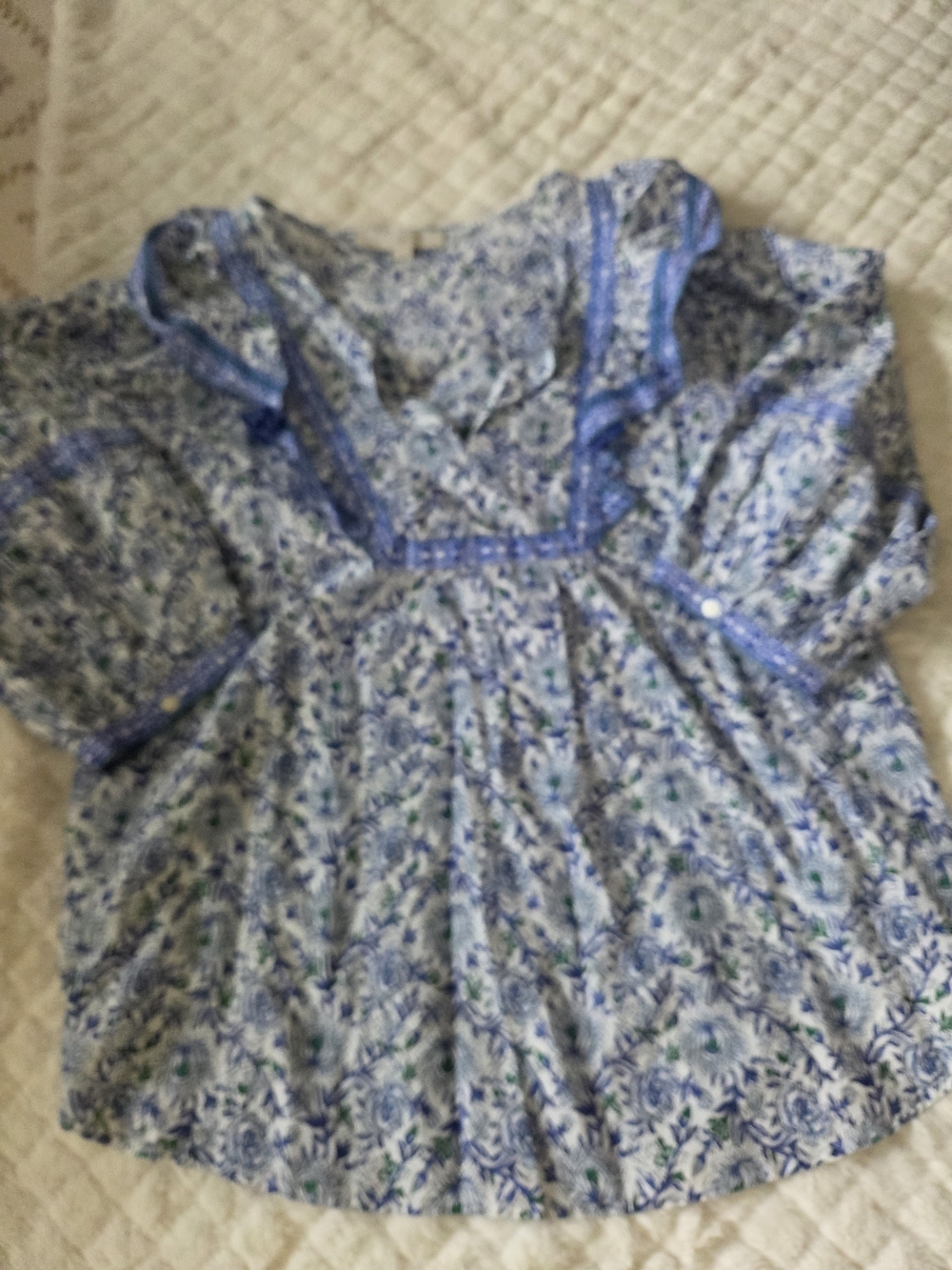 LOFT Blue Floral V-Neck Peasant Blouse